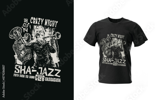 Sha-Jazz Club: Two-Color Distressed Design Featuring a Saxophonist Pitbull in a Top Hat | Vector t-shirt design