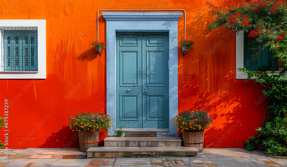 Fototapeta premium A blue door with a white trim sits in front of a red building. The door is surrounded by potted plants, including one with a yellow flower.