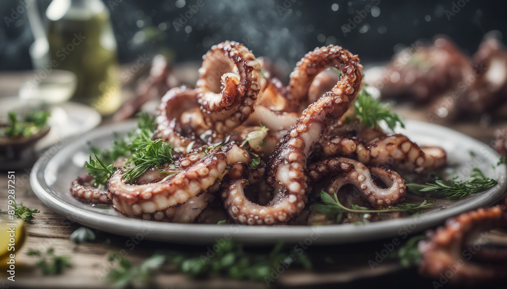 grilled octopus tentacles artfully arranged with a drizzle of olive oil and herbs, ad shot, copy space for text
grilled octopus tentacles artfully arranged with a drizzle of olive oil and herbs, ad shot, copy space for text