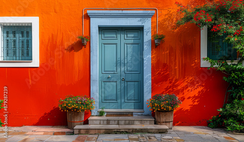 A blue door with a white trim sits in front of a red building. The door is surrounded by potted plants, including one with a yellow flower.