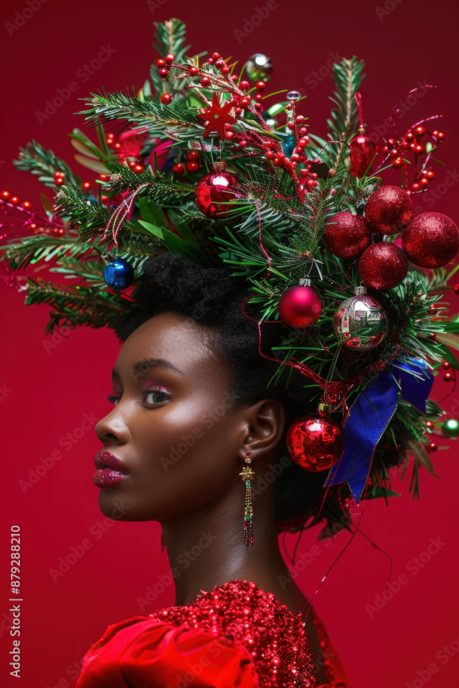 Fashion model is posing in profile with a christmas tree hairstyle on a red background Fashion model is posing in profile with a christmas tree hairstyle on a red background