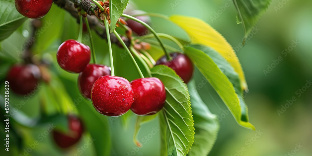 Obraz premium Fresh red cherries ripening on a tree branch on a farm or in orchard
