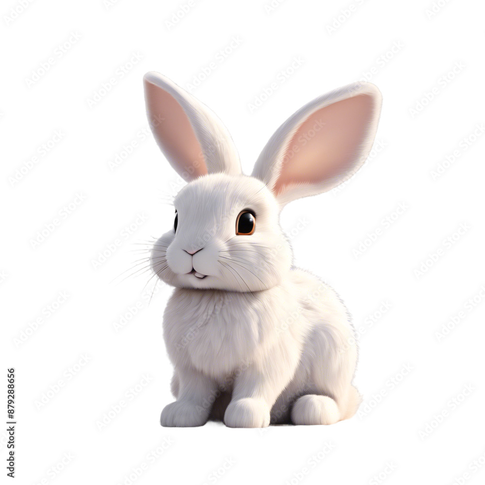 Fototapeta premium Adorable white rabbit with large ears, fluffy fur, and cute expression. Perfect for Easter, spring themes, and children's illustrations Isolated on PNGs transparent background.