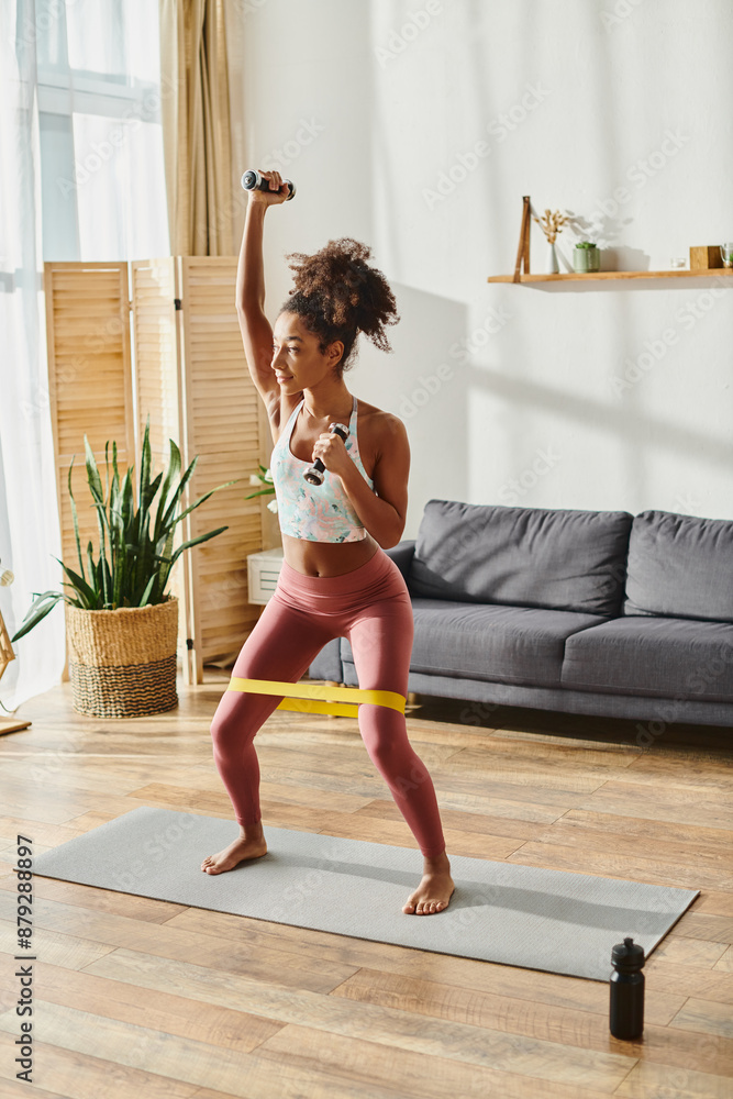 A curly African American woman practicing in living room with elastics, dressed in active wear. A curly African American woman practicing in living room with elastics, dressed in active wear.