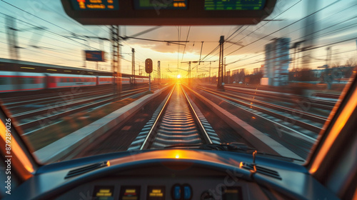 From the driver's cab you can see a high-speed train approaching the station at sunset. The sun's rays scatter on the tracks, giving them a golden hue. photo