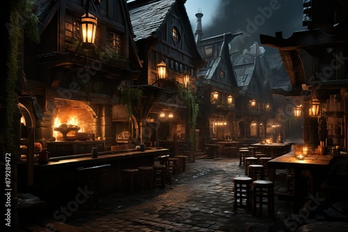 beautiful fantasy medieval tavern, exterior, illustration