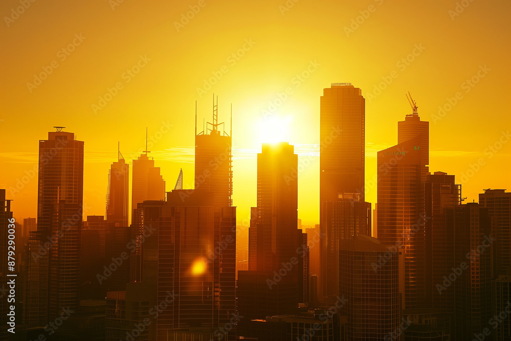Fototapeta premium Sunset Backlight Shining Through CBD Skyscrapers