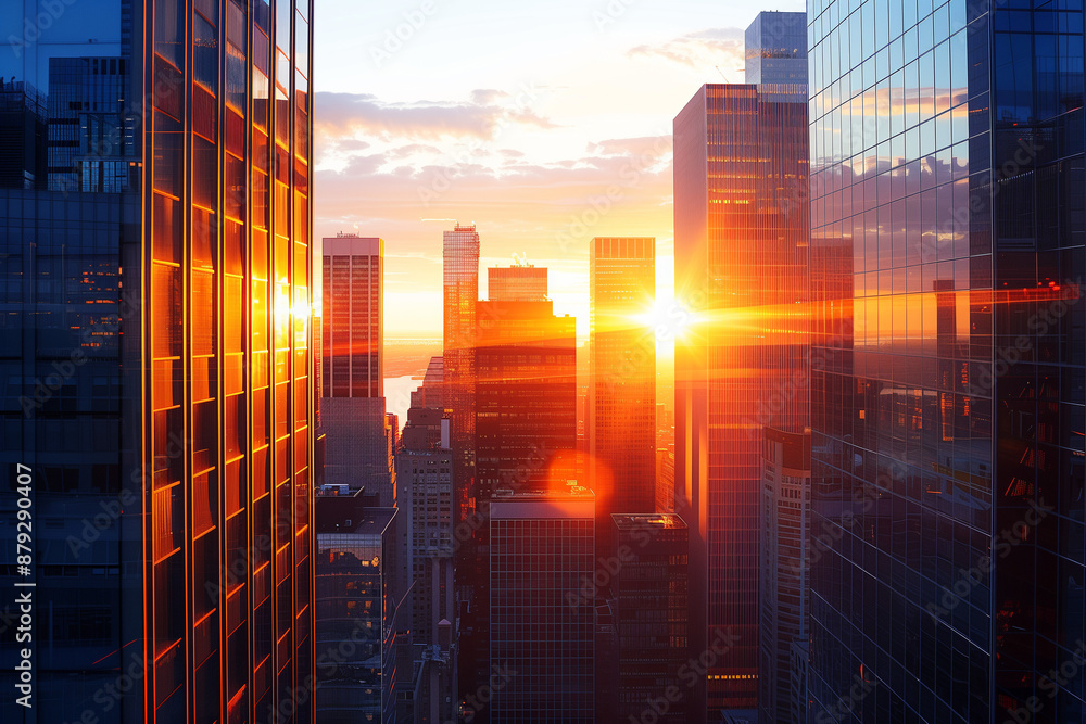 Obraz premium Sunset Backlight Shining Through CBD Skyscrapers