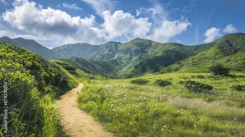 Winding Path Through Lush Green Hills.