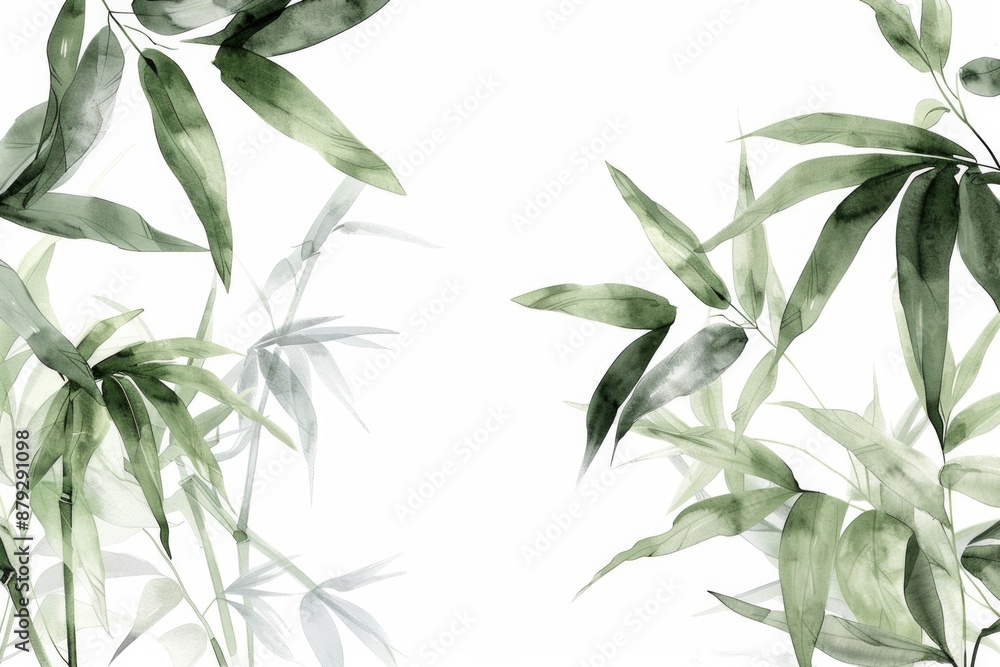 Fototapeta premium Grey Graphic. Hand-drawn Watercolor Bamboo Cane Graphic with Lush Tropical Foliage and Copy Space
