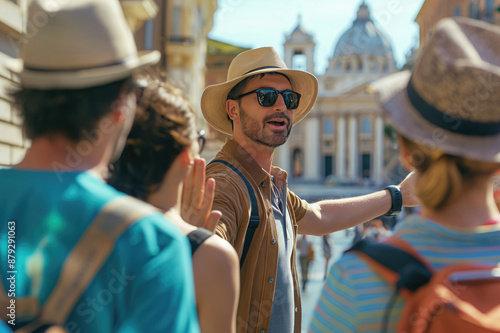 Fototapeta Naklejka Na Ścianę i Meble -  Male tourist guide showing European city to the group of tourists
