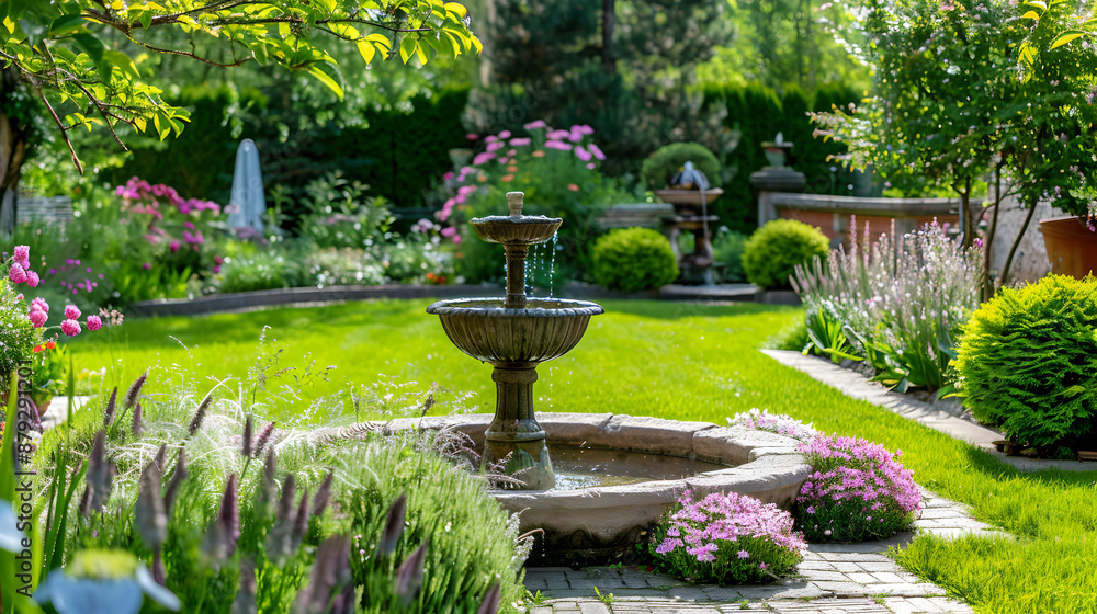 Beautifully designed garden with blooming flowers, manicured lawns, and a small fountain, illustrating peace and beauty in landscaping.
Beautifully designed garden with blooming flowers, manicured lawns, and a small fountain, illustrating peace and beauty in landscaping.