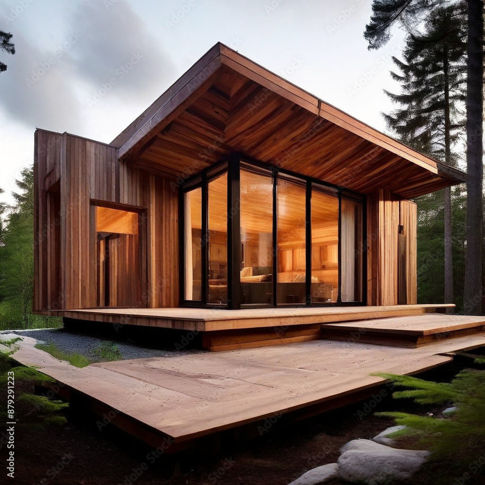 Fototapeta premium a beautiful wood house in jungle with inside lights