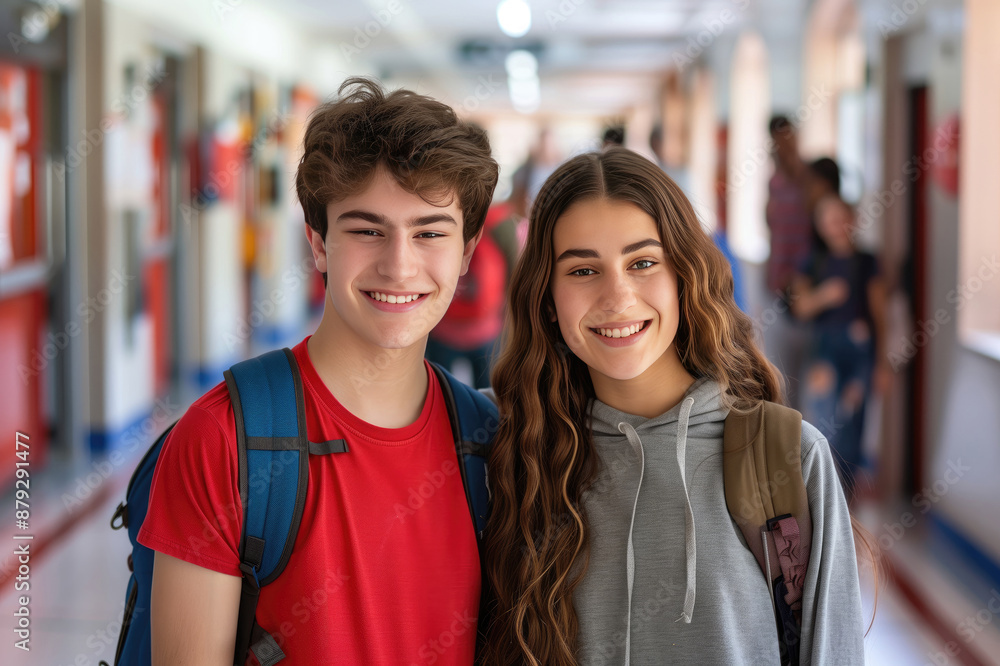 Fototapeta premium Cheerful teenage classmates together in a school hallway