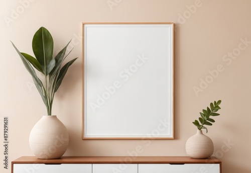 Empty horizontal frame mockup in modern minimalist interior with plant in trendy vase on beige wall background