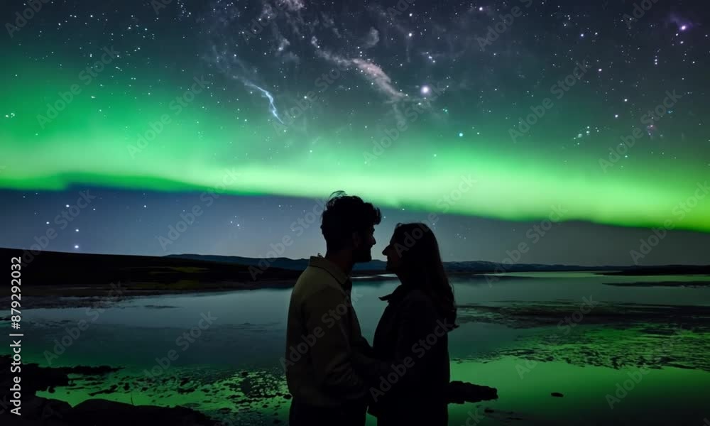 The couple come face to face against the background of the aurora Sky The couple come face to face against the background of the aurora Sky