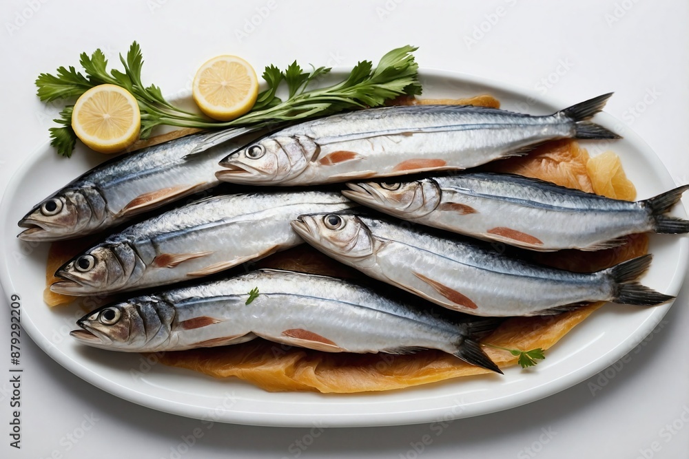 an overhead view of a plate with raw mackerel fillets