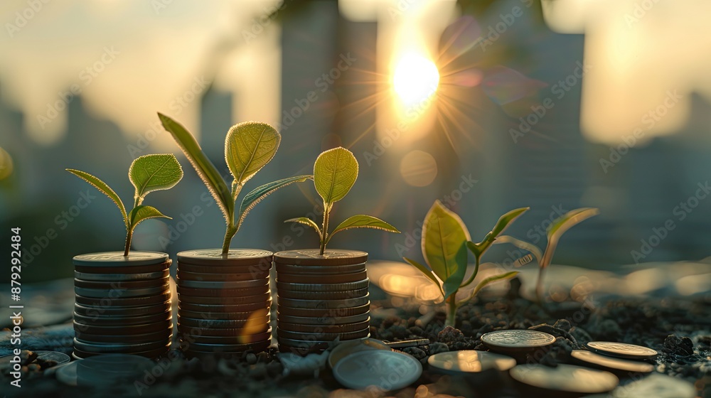 Plant Growing on Coins Symbolizing Financial Growth and Investment Plant Growing on Coins Symbolizing Financial Growth and Investment
