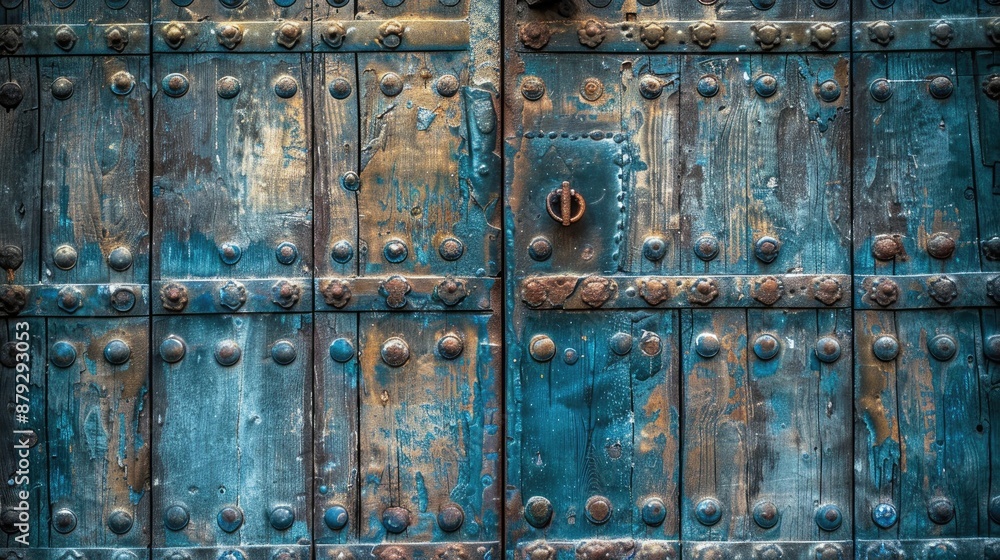 Ancient worn wooden door of a historic building with close up texture and metal details for background Ancient worn wooden door of a historic building with close up texture and metal details for background