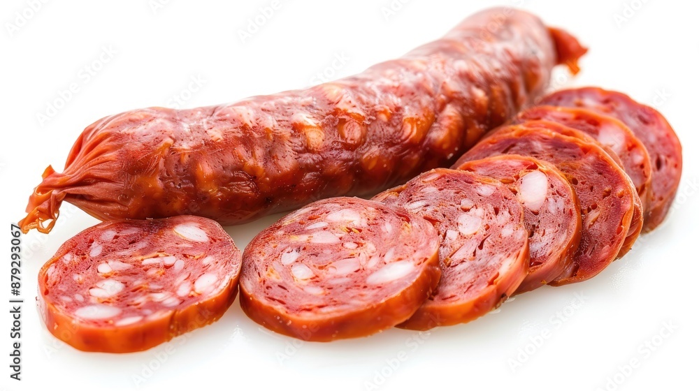 Sliced cabanos sausage on white background Sliced cabanos sausage on white background