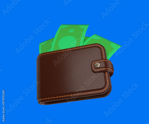 3d wallet icon with money on a blue chroma key background