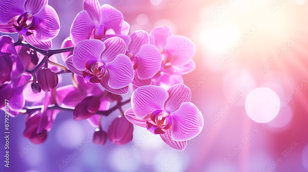 Fototapeta premium Purple orchid flowers on defocused background. Bunch of purple orchid flowers