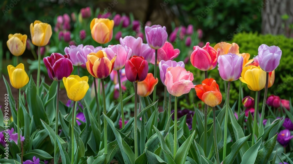 A garden bed filled with a variety of tulips in different shades of pink, red, yellow, and purple A garden bed filled with a variety of tulips in different shades of pink, red, yellow, and purple