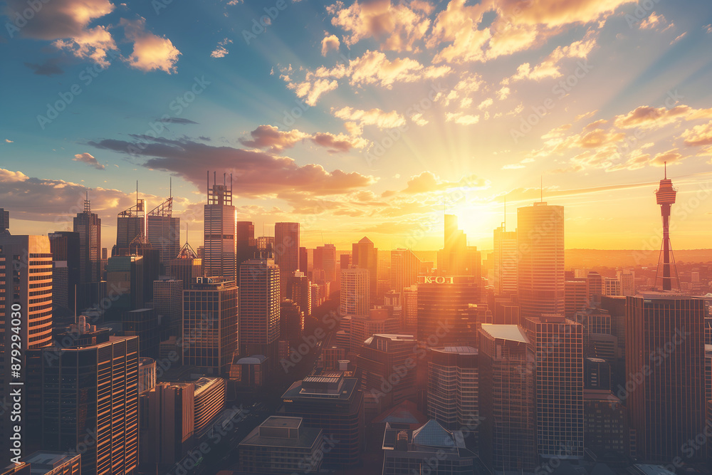 Fototapeta premium Sunset Backlight Shining Through CBD Skyscrapers