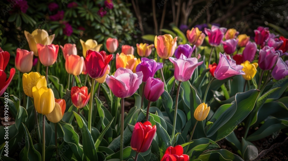 A garden bed filled with a variety of tulips in different shades of pink, red, yellow, and purple A garden bed filled with a variety of tulips in different shades of pink, red, yellow, and purple