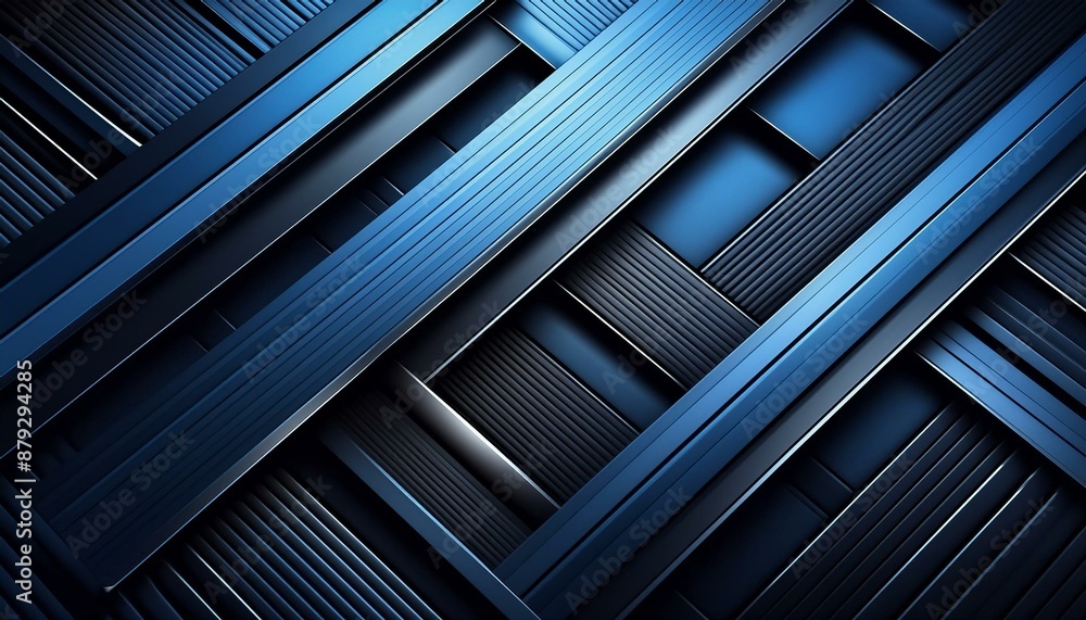 Abstrakter Hintergrund mit schwarzen Linien und geometrischen Formen, dunkelblauer Farbverlauf, moderner minimalistischer Stil, scharfe Kanten, Lichtreflexion auf der Oberfläche der Metallstreifen. Abstrakter Hintergrund mit schwarzen Linien und geometrischen Formen, dunkelblauer Farbverlauf, moderner minimalistischer Stil, scharfe Kanten, Lichtreflexion auf der Oberfläche der Metallstreifen.