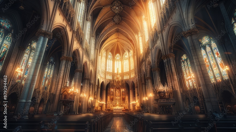 A majestic Gothic cathedral with towering spires, intricate carvings, and light streaming through stained glass windows during a solemn evening mass A majestic Gothic cathedral with towering spires, intricate carvings, and light streaming through stained glass windows during a solemn evening mass