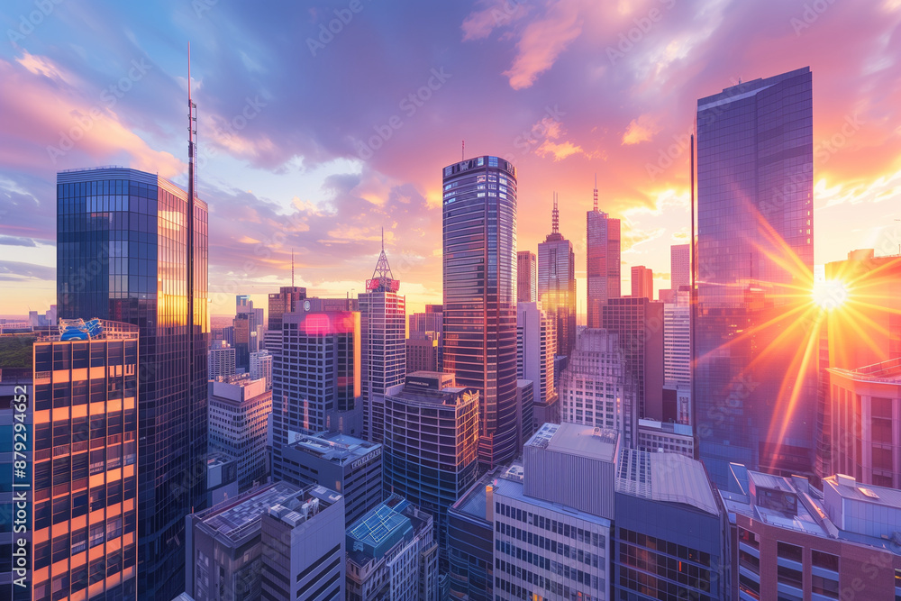 Fototapeta premium Sunset Backlight Shining Through CBD Skyscrapers