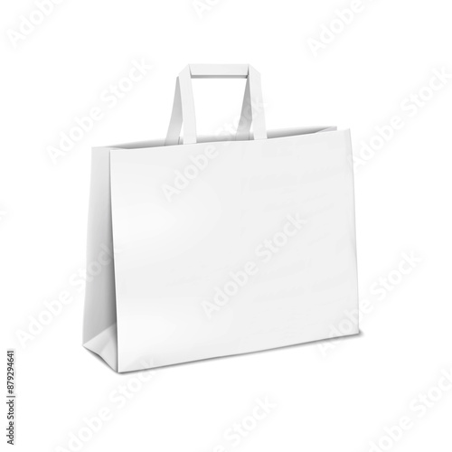 Blank wide tape handle paper carrier bag isolated on white background. Realistic 3d vector mockup. White square package with side gusset and flat bottom. Mock-up. Template for design