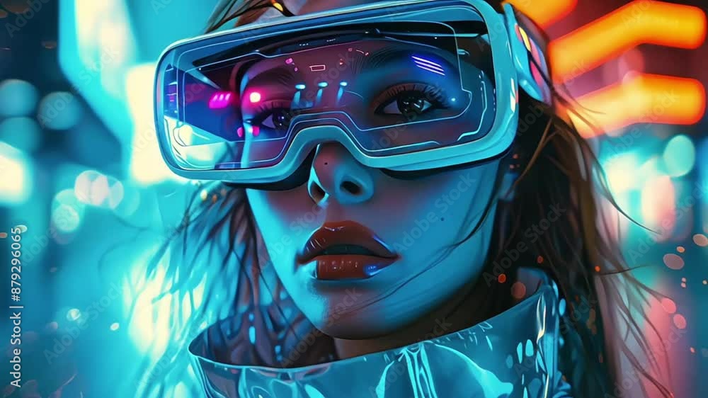 young woman in futuristic costume and modern vr glasses interacting with metaverse immersive technology on background with digital cyberpunk city in neon light young woman in futuristic costume and modern vr glasses interacting with metaverse immersive technology on background with digital cyberpunk city in neon light