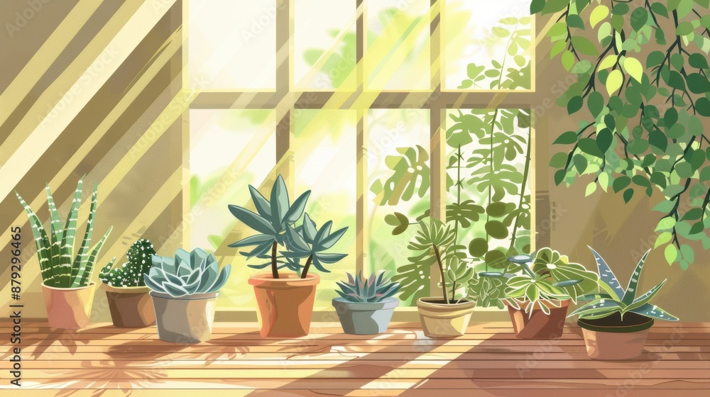 A rustic wooden table adorned with potted plants and succulents in a cozy A rustic wooden table adorned with potted plants and succulents in a cozy