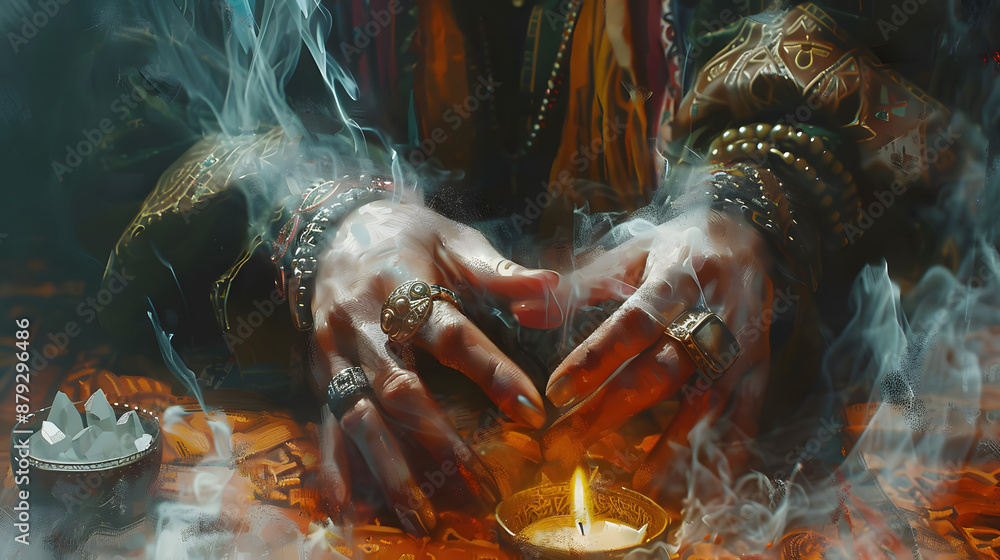 female hands with rings, ritual, white candles, orange tablecloth, crystals, runes, bowls of smoke, spiritual things, dark colors female hands with rings, ritual, white candles, orange tablecloth, crystals, runes, bowls of smoke, spiritual things, dark colors