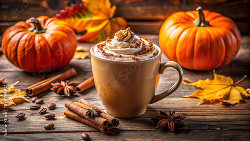 Halloween Pumpkin spice latte coffee with cinnamon decorated with whipped cream in stylish cup on wooden background. Holidays seasonal food and drink concept.