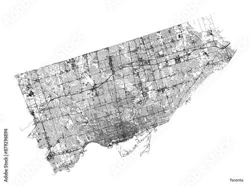 Toronto city map with roads and streets, Canada. Vector outline illustration.