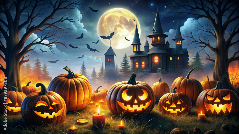 Halloween backdrop with Jack O' Lantern. Scary Pumpkins And Dark Forest In A Spooky Night With fog Effects Halloween backdrop with Jack O' Lantern. Scary Pumpkins And Dark Forest In A Spooky Night With fog Effects