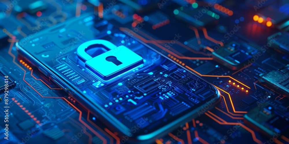 A mobile device with a digital lock icon on a tech background, indicating secure access A mobile device with a digital lock icon on a tech background, indicating secure access