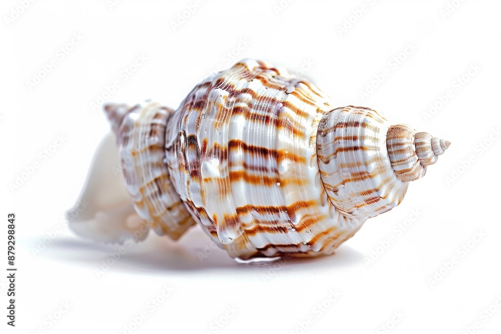 Striped Seashell Close-Up on White Background Striped Seashell Close-Up on White Background