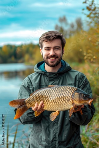 the fisherman is holding a carp. Selective focus