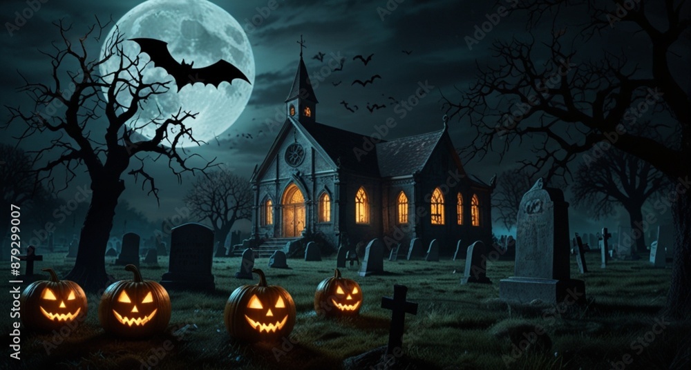 Fototapeta premium pumpkin emerging from graveyard soil, ancient church shrouded in mist, full moon casting a haunting glow, bats circling gnarled branches, spooky Halloween night, banner design
