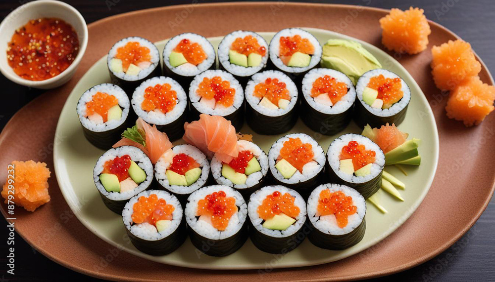A collection of colorful sushi rolls with various fillings. A collection of colorful sushi rolls with various fillings.