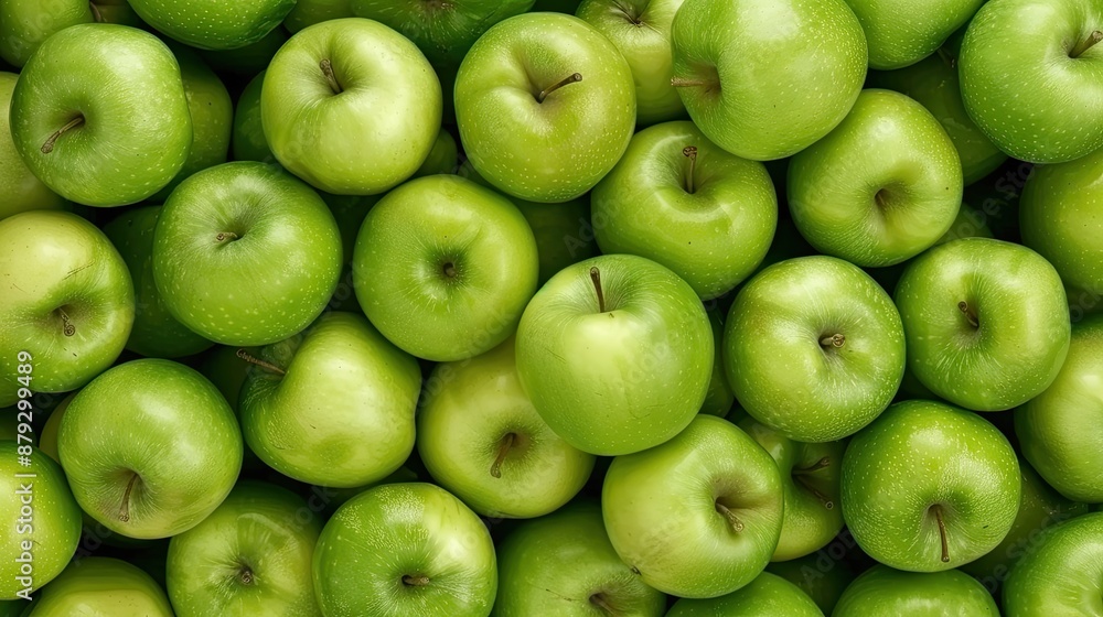 A close-up shot of numerous green apples arranged in a dense pattern, showcasing their smooth, glossy skin and vibrant color A close-up shot of numerous green apples arranged in a dense pattern, showcasing their smooth, glossy skin and vibrant color