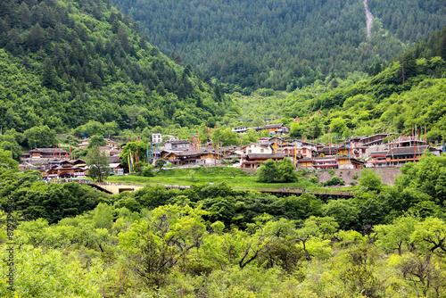 Canvastavla village in the mountains, Jiuzhaigou Valley Scenic, Sichuan, China