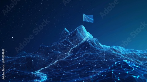Abstract mountain with a path to the top. Way to goal in digital futuristic style on a blue technology background. Illustration of success achievement concept. Low Poly wireframe flag and ridge