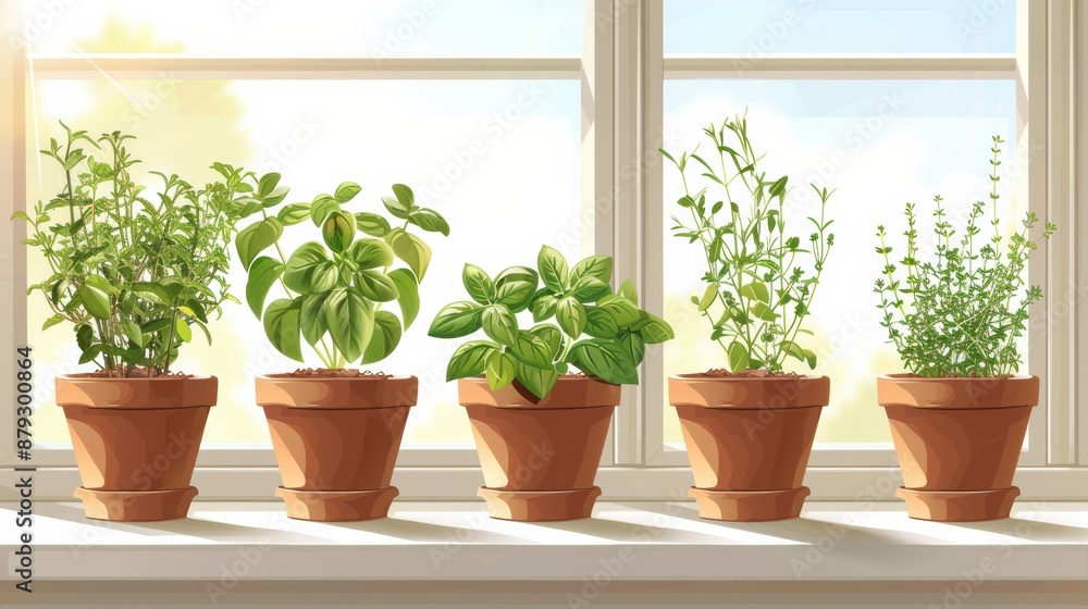 Fototapeta premium A small herb garden with neatly arranged pots of basil, rosemary, thyme, and mint on a sunny windowsill