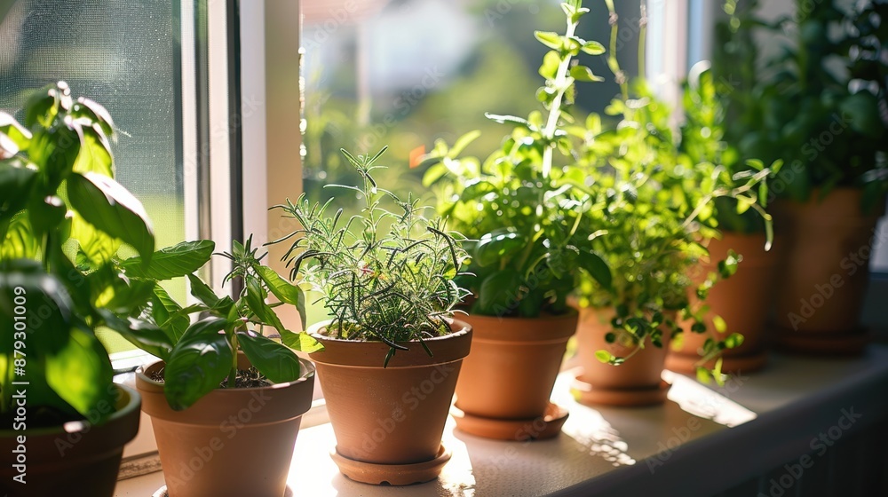 A small herb garden with neatly arranged pots of basil, rosemary, thyme, and mint on a sunny windowsill A small herb garden with neatly arranged pots of basil, rosemary, thyme, and mint on a sunny windowsill