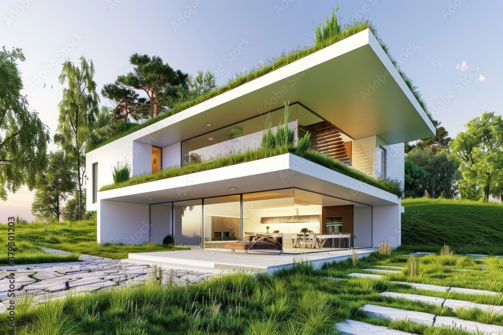 Modern house concept, with grass on the roof. Green home design Modern house concept, with grass on the roof. Green home design